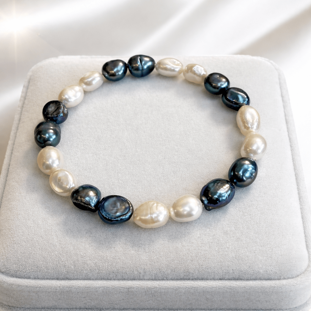 Luxury Black and White Baroque Stretch Bracelet, Elegant Gift
